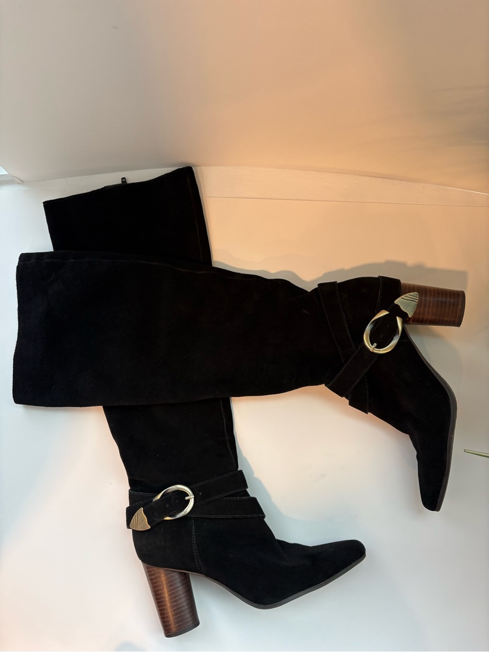 AEROSOLES “All Set” Black Suede Knee-High Boots with Buckle Accent
